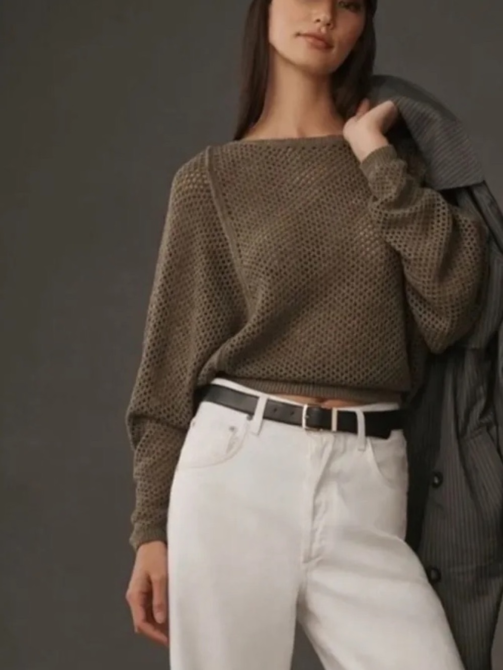 Anthropologie Pilcro Olive Green Open Knit Dolman Sleeve Cropped Sweater Size XS
